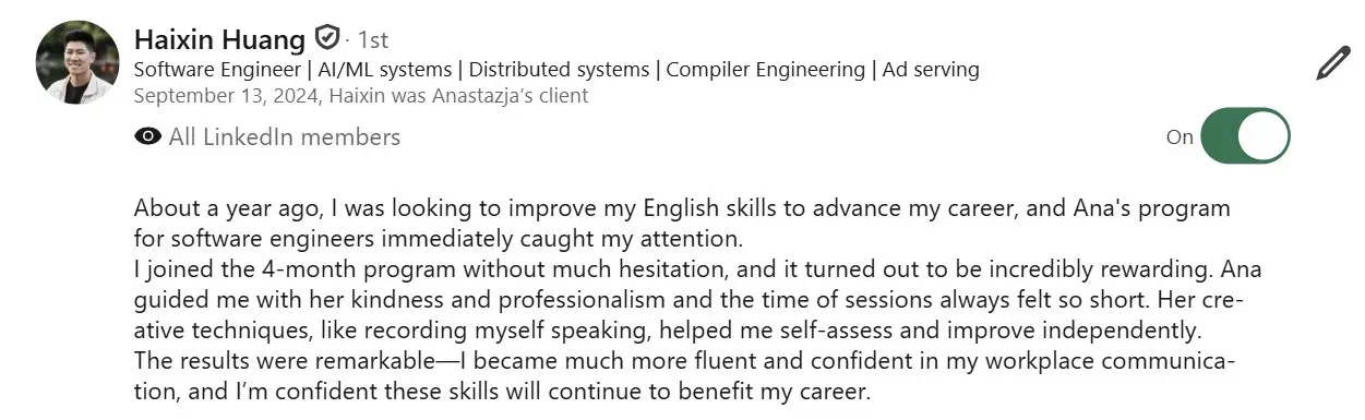 LinkedIn testimonial from student