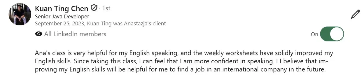 LinkedIn testimonial from student