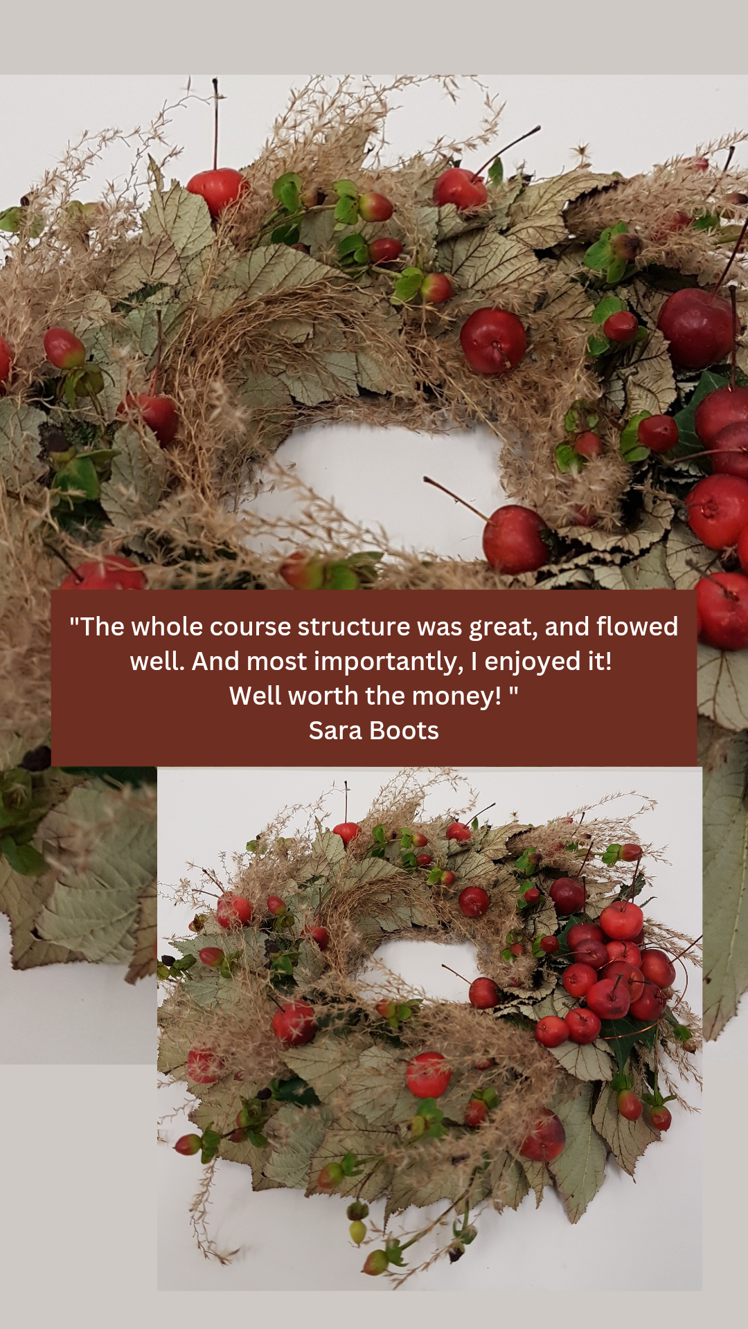 Wreath with dried grasses, leaves and malas