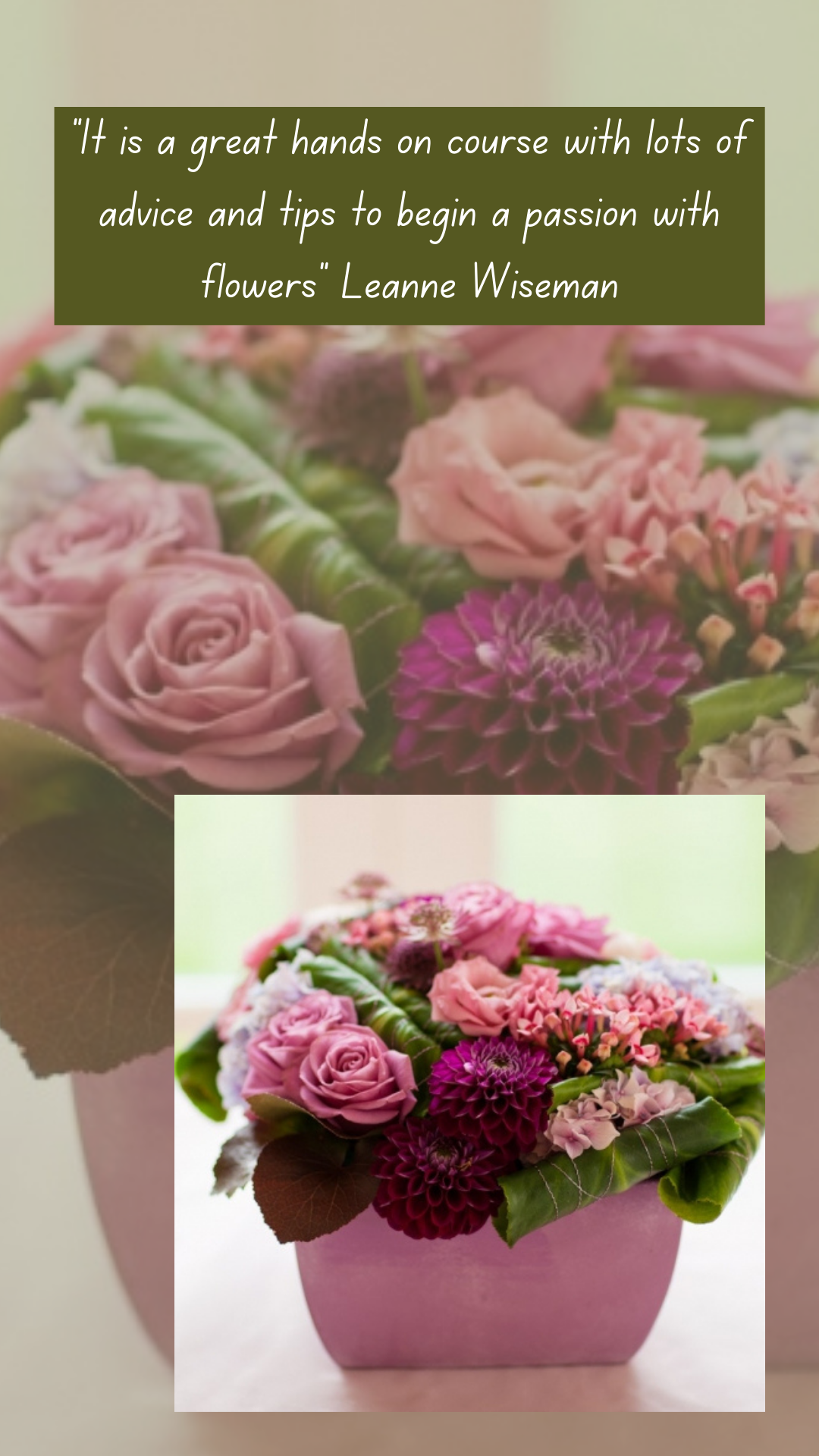 Textured arrangement of flowers in a pink square container
