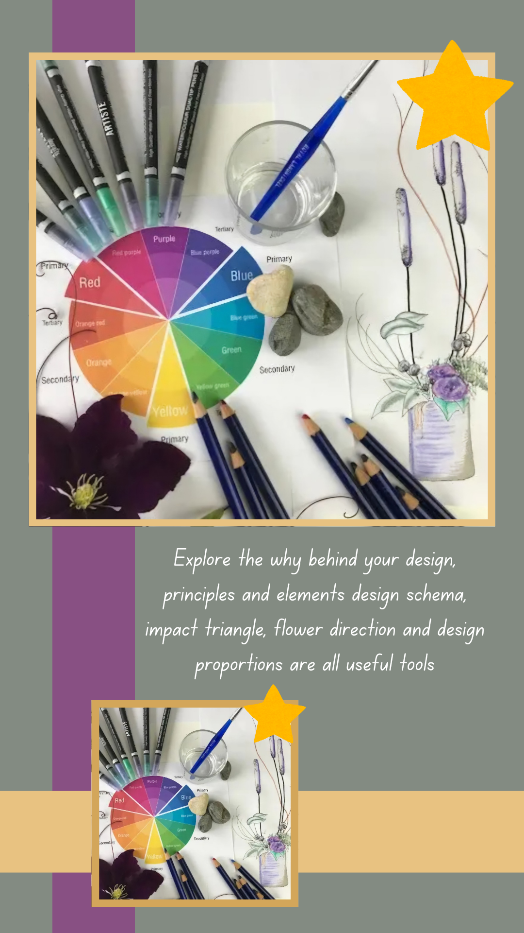 A selection of colouring materials scattered on a drawing of a floral design and a colour wheel