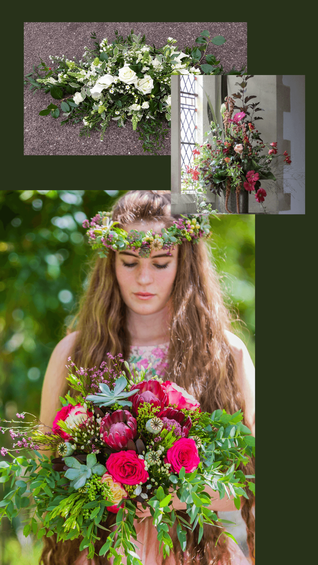 Funeral dounble ended spray with an symmetical style arrangement and a headdress and bridal bouquet