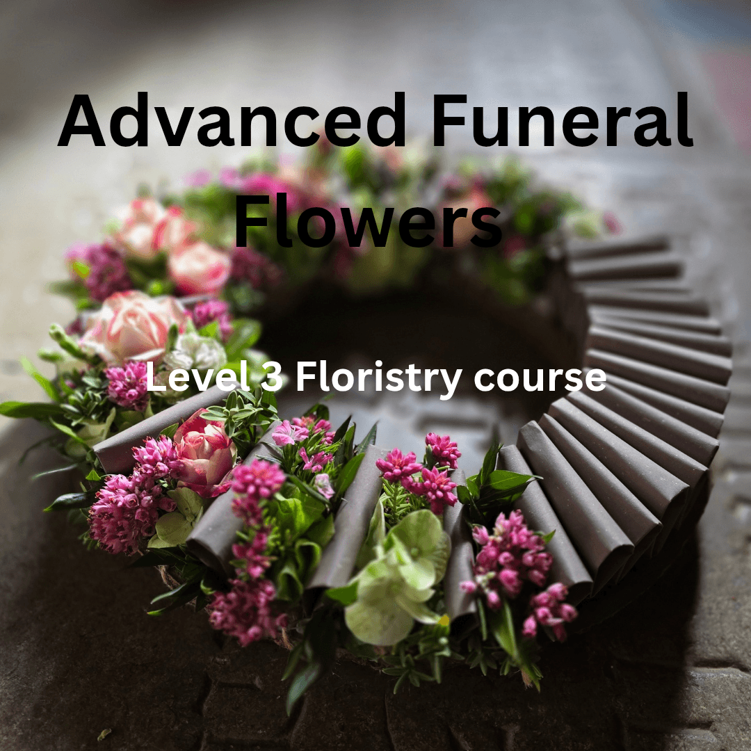 Advanced funeral wreath combining fresh flowers and paper elements- British Academy of Floral Art's Advanced Funeral Course  (level 3) starting Jan 2026. Sustainable, artistic memorial design idea.