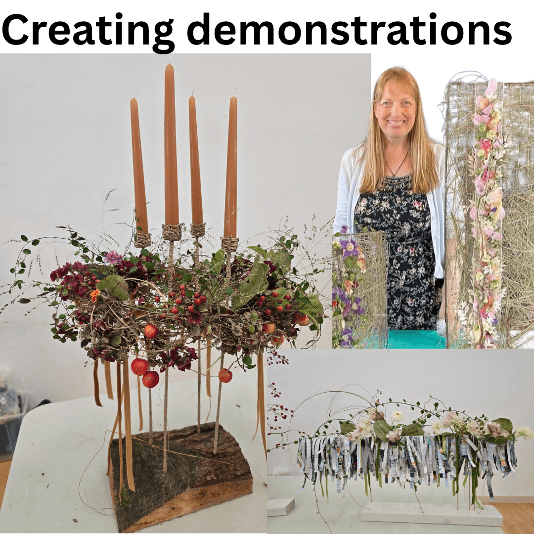Tina Parkes, director of the British Academy of Floral Art, showcasing professional floral demonstration designs at flower club events- promoting the "three day course to learn the Art of Floral Demonstration" for aspiring florists