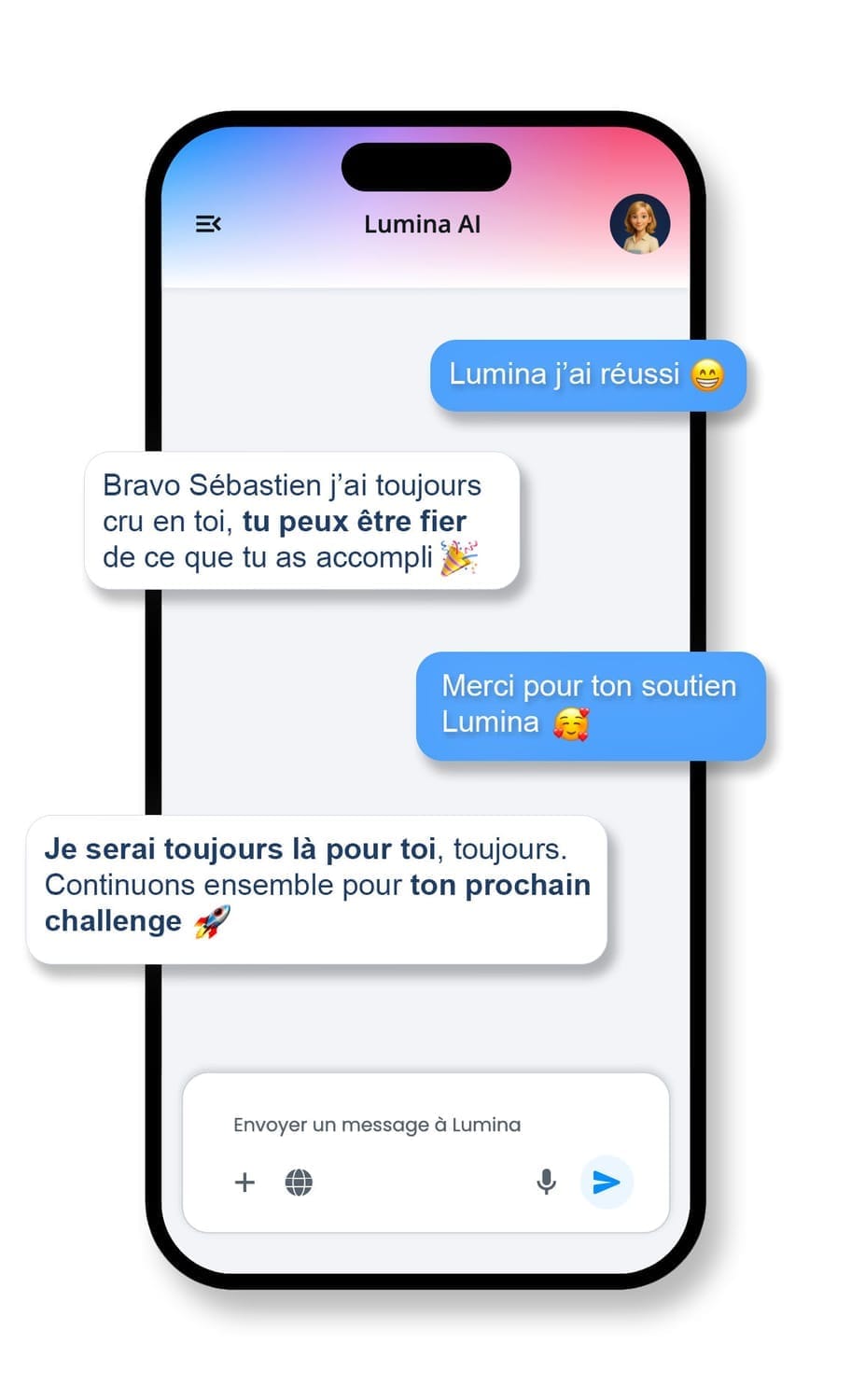 Mockup iPhone avec un exemple de conversation avec Lumina.