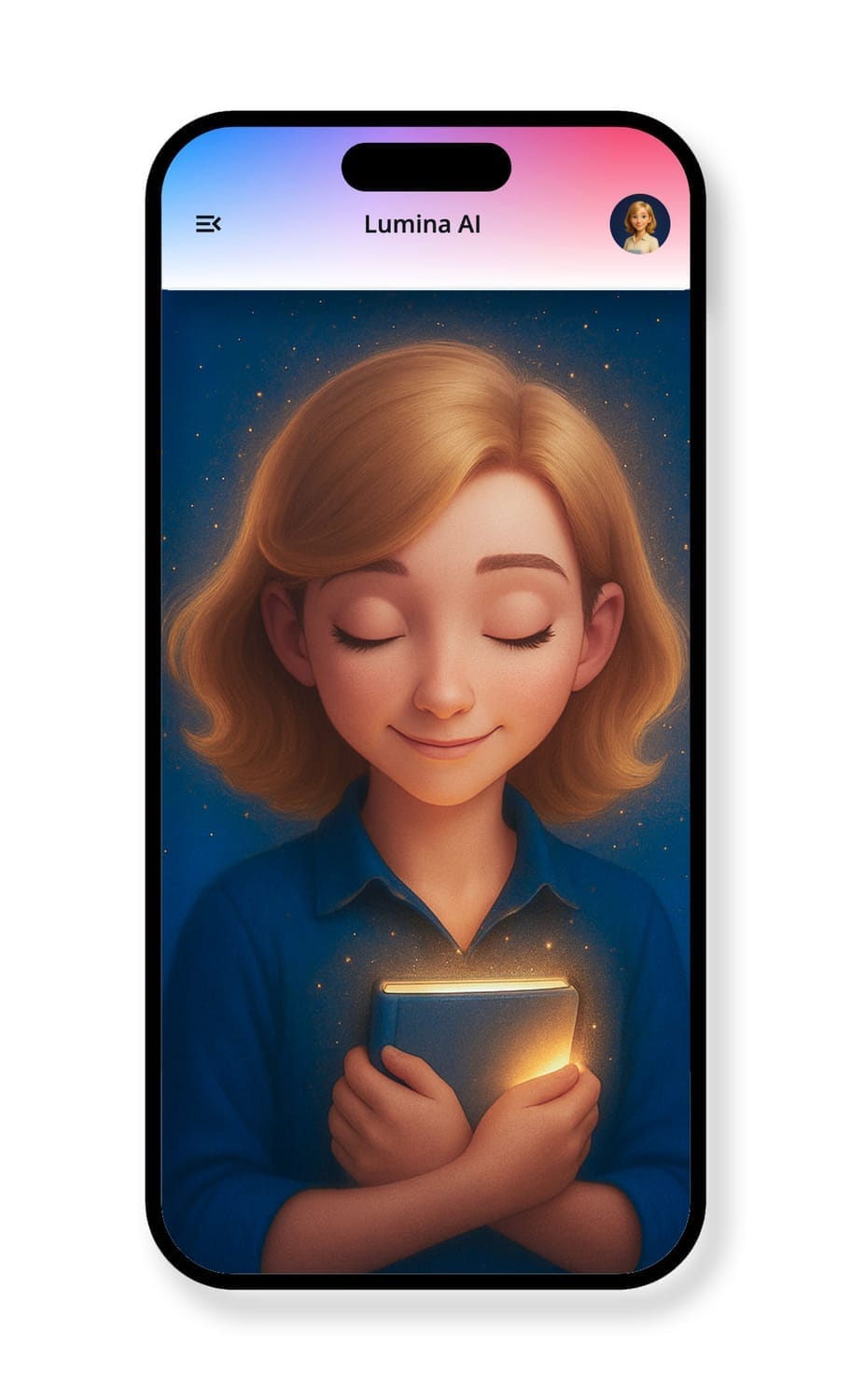 Mockup de l'application mobile Lumina AI avec une représentation visuelle de Lumina.