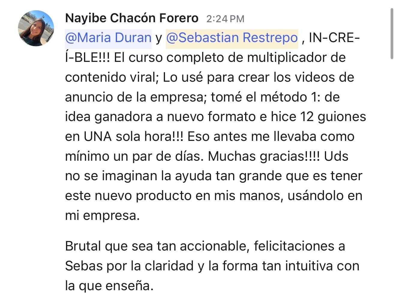 Mensaje de una alumna: con el Multiplicador hizo 12 guiones en una sola hora, antes le tomaba días
