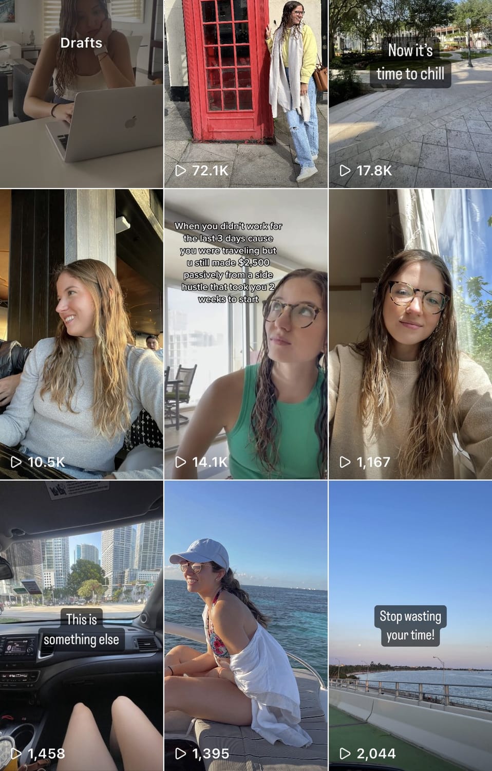 Mi grid de Instagram: cuatro videos con 1.000 a 2.000 views y los cuatro siguientes con 10K a 72.1K
