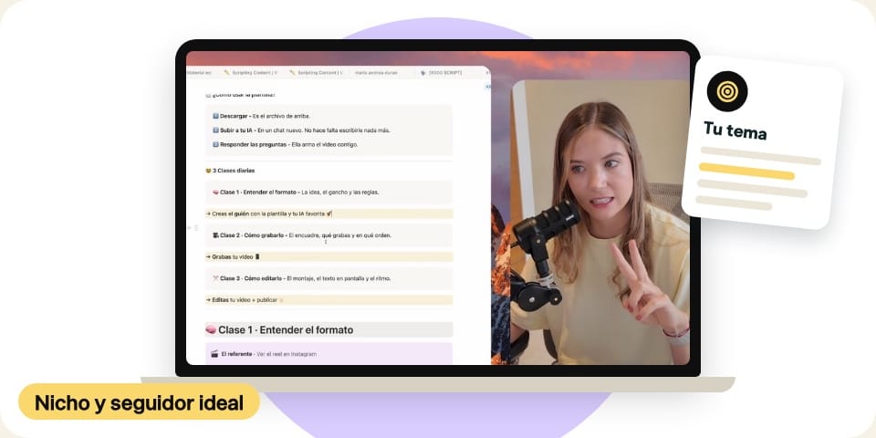 Mockup: la clase de nicho con María y el documento en pantalla
