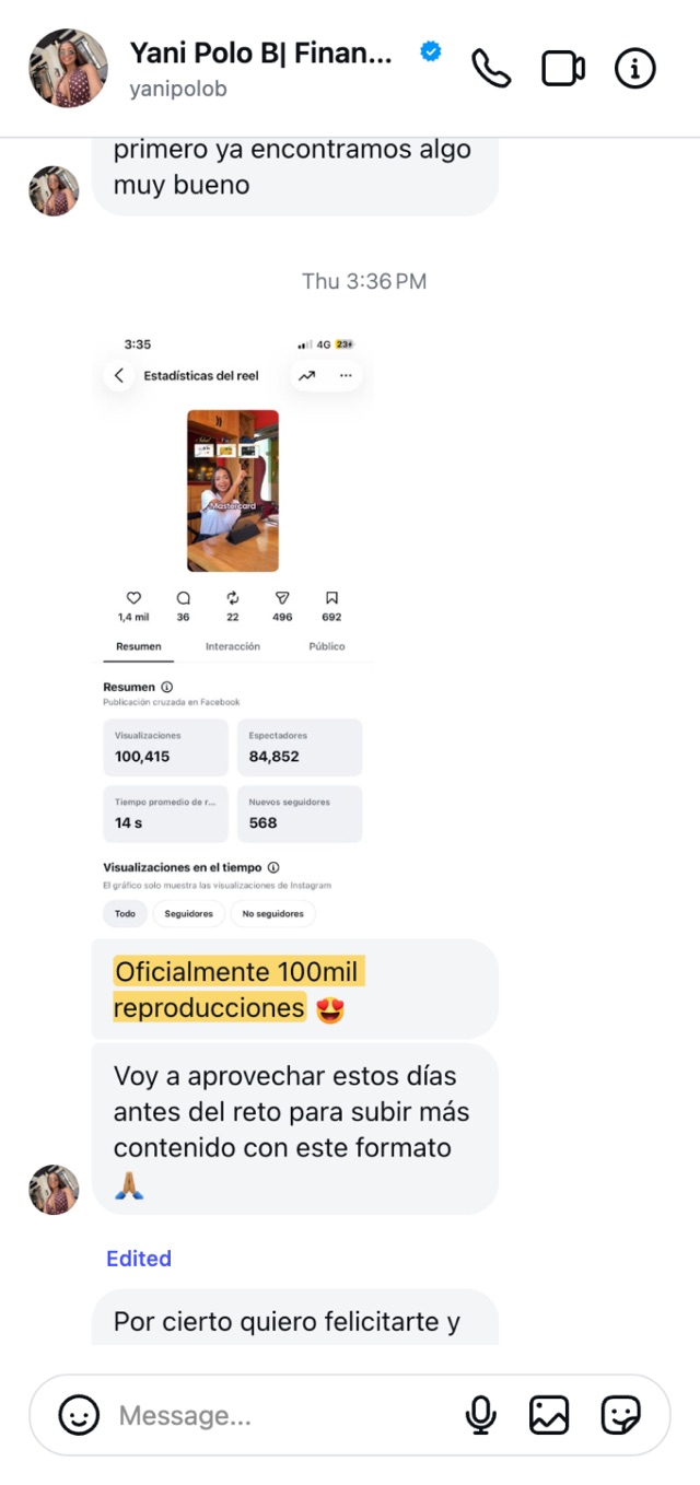 Mensaje de Yani: «Oficialmente 100mil reproducciones», con 568 seguidores nuevos en las estadísticas del reel