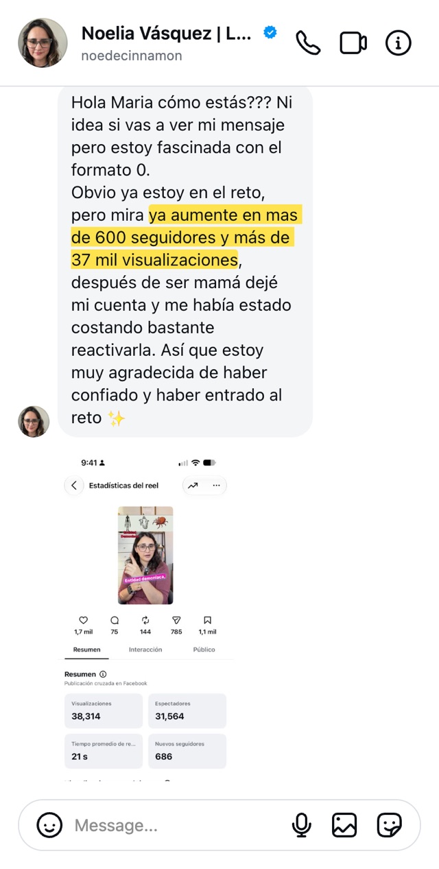 Mensaje de Noe: fascinada con el formato 0, más de 600 seguidores y más de 37 mil visualizaciones