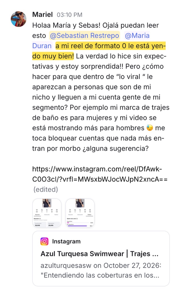 Mensaje de Mariel en la comunidad: a mi reel de formato 0 le está yendo muy bien