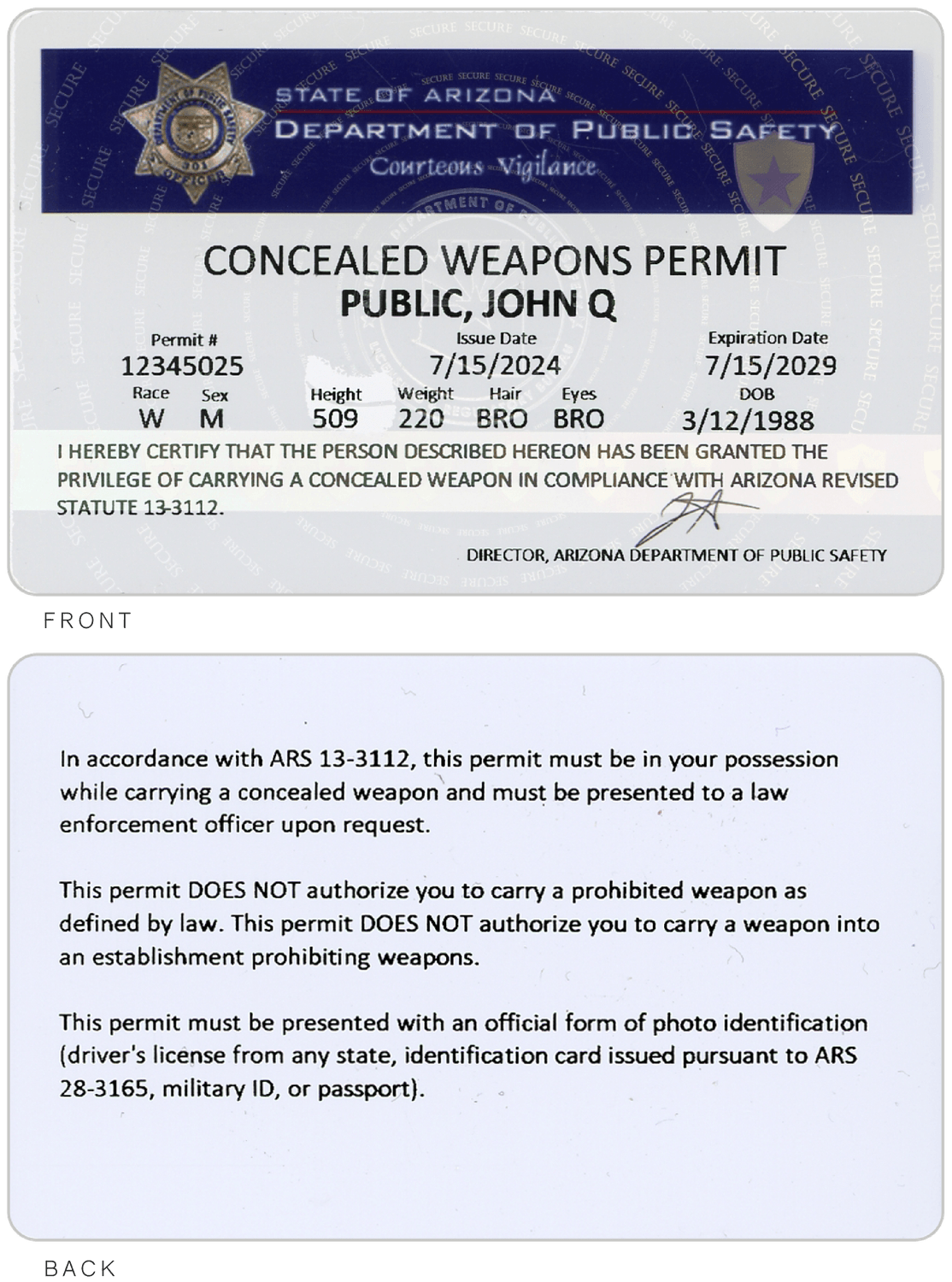 Old Design Arizona Concealed Weapons Permit