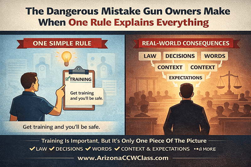 Infographic explaining the danger of one-rule thinking for gun owners, showing how focusing only on training ignores legal consequences, decision-making, words used after an incident, and how actions are judged in court.
