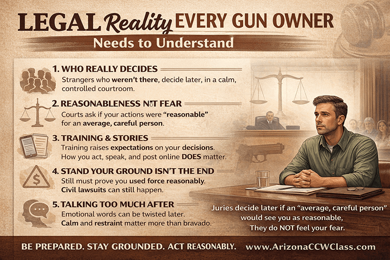 Infographic explaining the legal realities of self-defense for gun owners, including reasonableness standards, courtroom judgment, civil lawsuits, and post-incident consequences