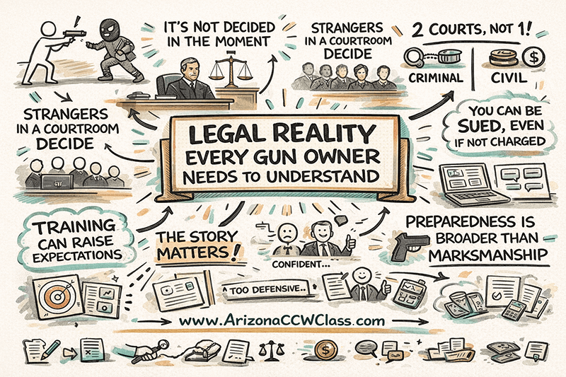 Hand-drawn sketchnote visual summarizing legal consequences of self-defense for gun owners, showing courtroom decisions, training expectations, and responsibility beyond marksmanship