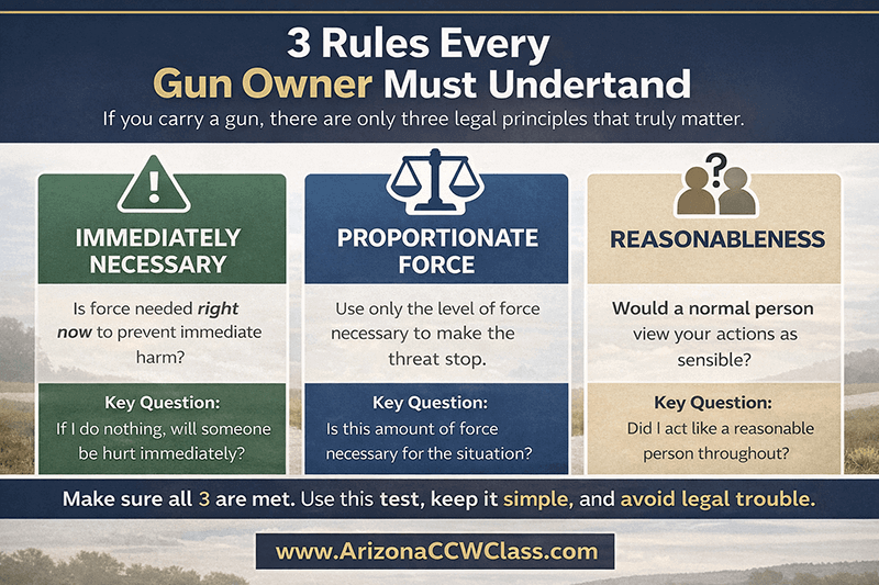 A civilian standing at a crossroads with three signposts labeled immediately necessary, proportionate force, and reasonableness, illustrating the core legal principles of self-defense decision making.