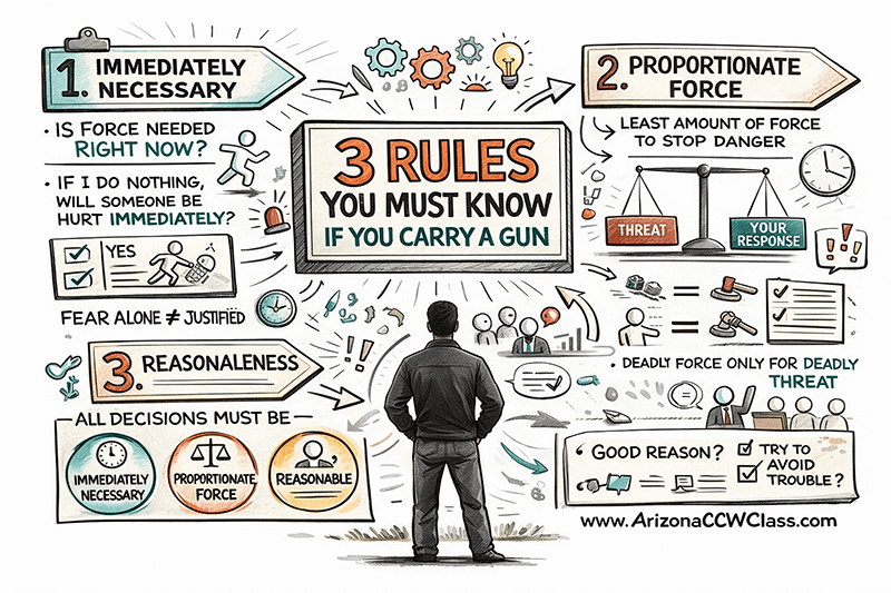 Infographic explaining the three self-defense principles every gun owner must understand: immediately necessary force, proportionate force, and reasonableness, with guidance for lawful concealed carry decisions.