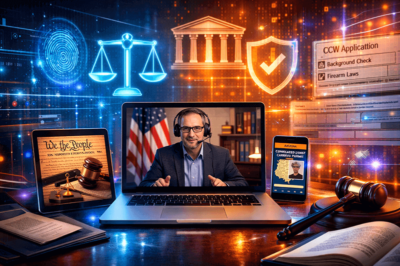 Arizona concealed carry class taught live on Zoom by NRA-certified instructor John Webster, focusing on firearm laws, legal responsibilities, and concealed carry requirements.