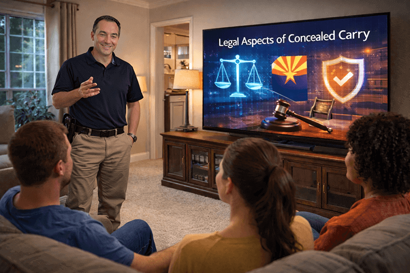 In-home Arizona concealed carry class with mobile training led by NRA-certified instructor John Webster, teaching firearm laws and legal aspects of concealed carry in a private setting.