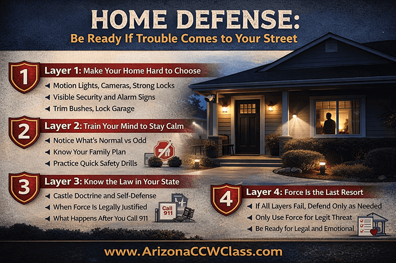 Home defense infographic showing four layers of protection including motion lights, cameras, family safety plan, Arizona Castle Doctrine, and force as last resort,
