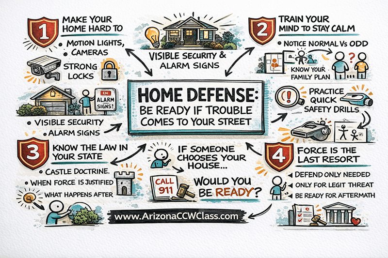 Hand-drawn sketchnote infographic summarizing home defense strategies including layered security, family emergency plan, Arizona self-defense laws, and responsible gun ownership