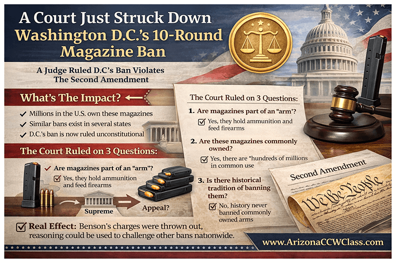 Infographic explaining the Washington D.C. 10-round magazine ban ruling, showing why the court found the law unconstitutional under the Second Amendment.