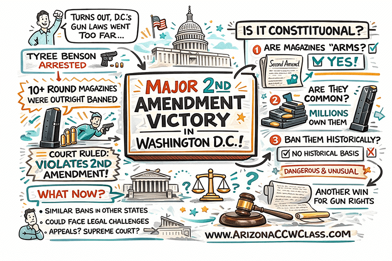 Hand drawn sketchnote summary of the Washington D.C. magazine ban court decision showing key points about Second Amendment rights and common use firearms magazines.