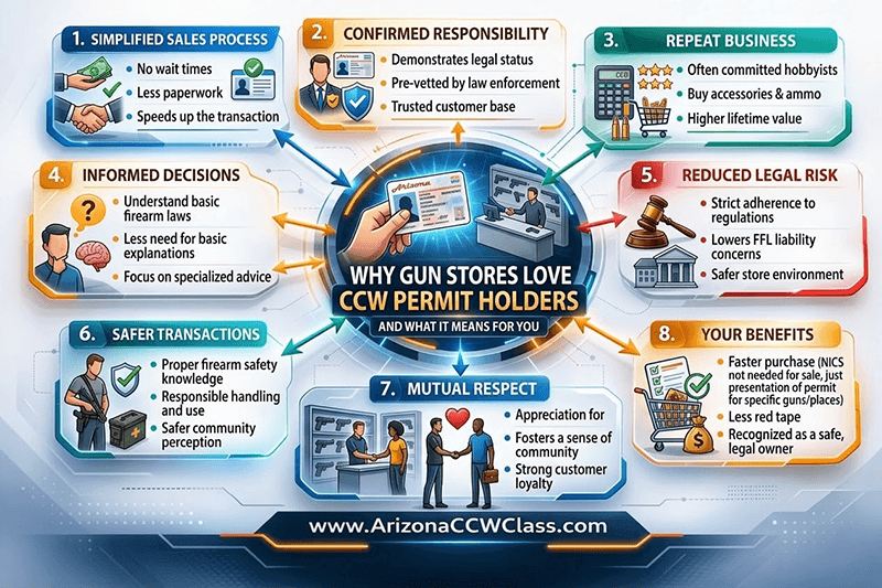 Colorful hub-and-spoke infographic explaining why gun stores prefer customers with concealed carry permits, including faster background checks, responsible ownership, and repeat firearm purchases.