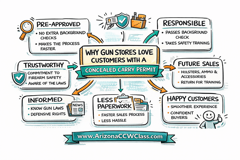 Hand-drawn sketchnote infographic summarizing the benefits of concealed carry permits including faster gun purchases, responsible gun ownership, and fewer background check delays.
