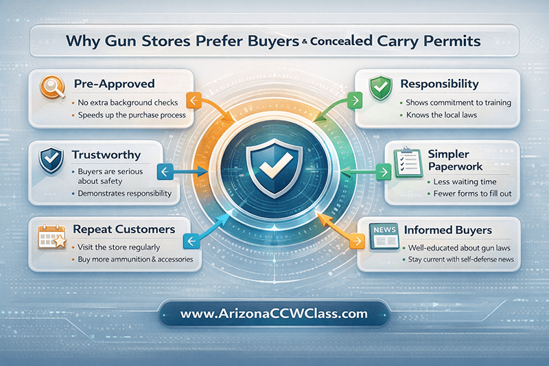 Technology-style system map infographic illustrating why firearm dealers prefer customers with concealed carry permits, including faster transactions and trusted buyers.