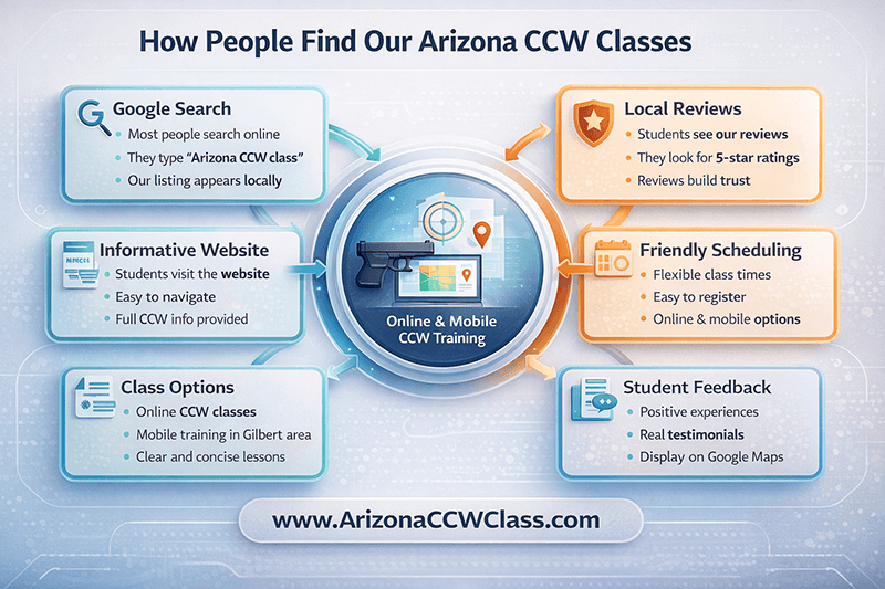 Infographic showing Arizona CCW Class Google reviews with a map of Gilbert Arizona, five-star ratings, concealed carry permit training, and online and mobile CCW classes serving Gilbert, Mesa, Chandler, Queen Creek, Scottsdale, Tempe, and Phoenix.