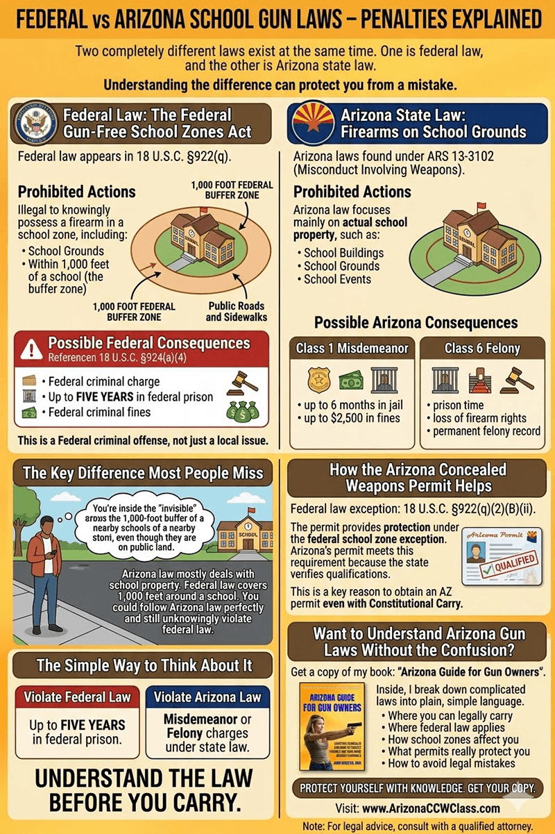 Federal vs Arizona school gun laws infographic explaining the Federal Gun-Free School Zones Act 18 U.S.C. §922(q), the 1,000-foot school zone rule, penalties for violations, and how an Arizona concealed weapons permit provides a federal exception.