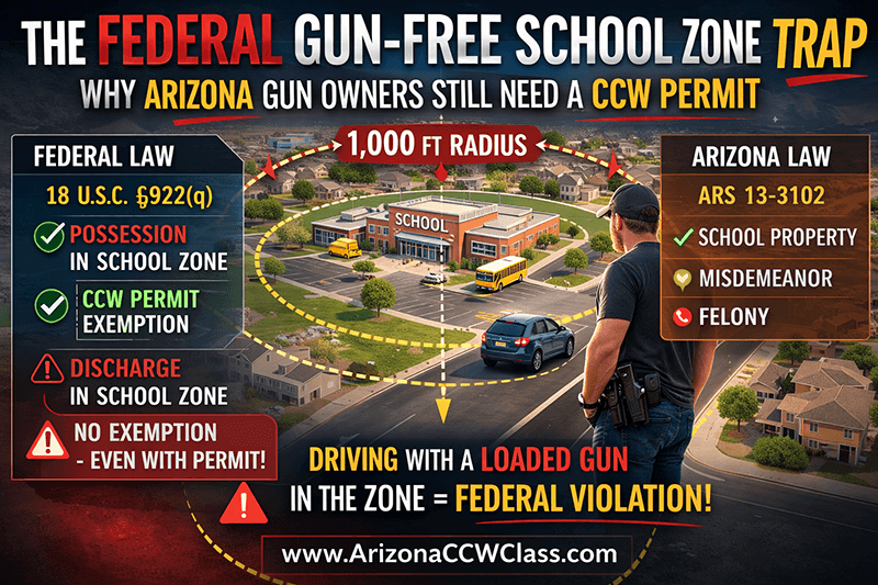 Illustration showing a concealed carrier near a school inside the 1,000-foot federal school zone radius, explaining federal firearm law 18 U.S.C. §922(q) and why Arizona gun owners obtain a concealed weapons permit.