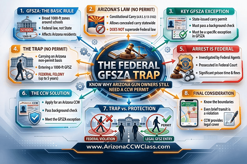 Infographic explaining the Federal Gun-Free School Zones Act trap for Arizona gun owners, showing the 1,000-foot school zone rule, federal felony penalties, and why an Arizona CCW permit meets the federal exception.