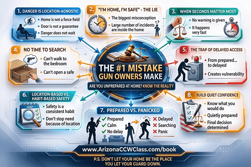 Infographic showing the biggest mistake gun owners make at home, explaining why most self-defense incidents happen inside the house and why keeping a firearm accessible improves home defense readiness