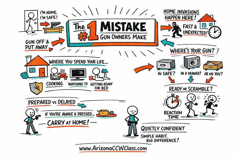 Hand-drawn sketchnote summarizing the number one mistake gun owners make by not carrying at home, showing concepts like false sense of security, reaction time, and firearm readiness