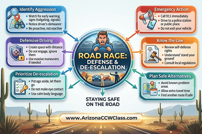 Road rage defense and de-escalation infographic for Arizona drivers explaining defensive driving, identifying aggression, calling 911, and planning safe escape routes