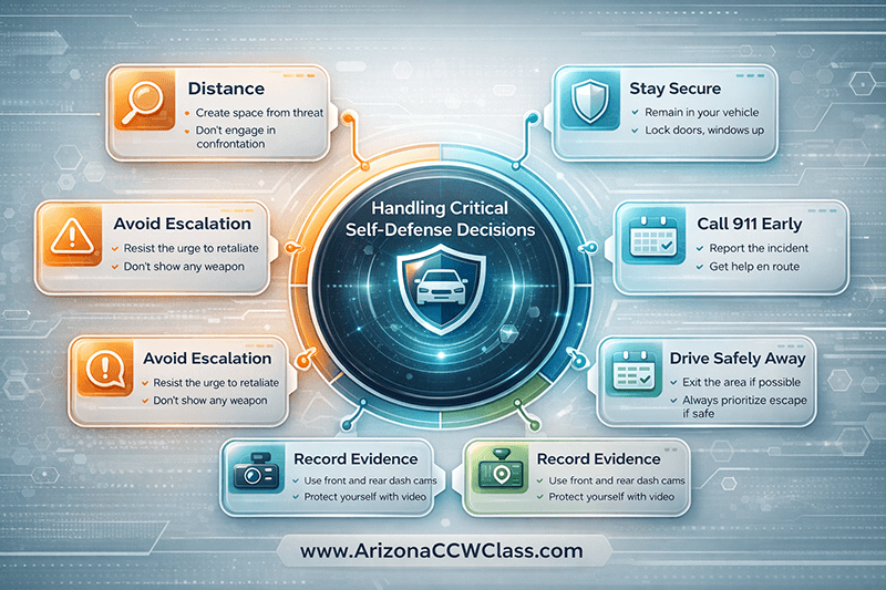 Arizona road rage safety tips visual guide showing how to avoid escalation, stay secure in vehicle, and safely exit dangerous driving situations