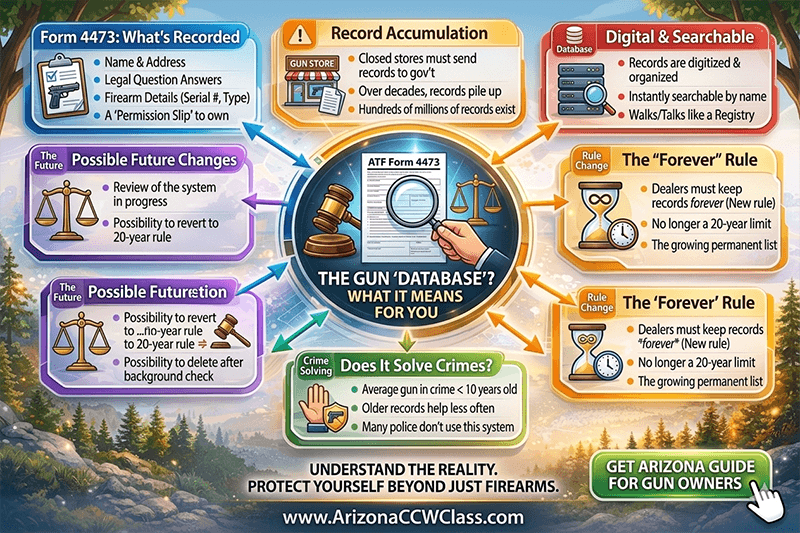 Visual breakdown of how firearm purchase records are collected stored and searched including 4473 forms database growth privacy concerns and possible future rule changes for gun owners