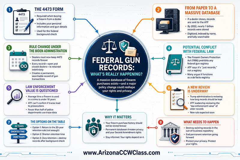Infographic explaining federal gun purchase records database including ATF Form 4473, record retention laws, searchable firearm data, and potential legal changes affecting gun owners