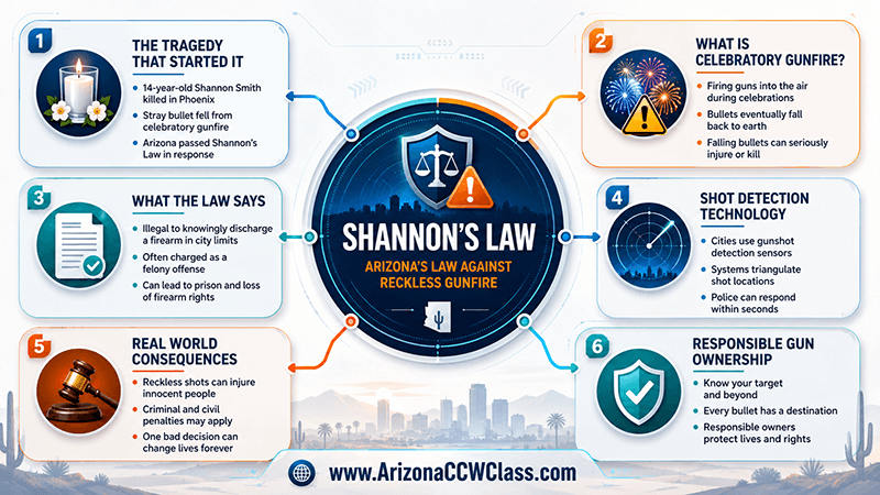 Modern infographic explaining Arizona Shannon’s Law, unlawful firearm discharge laws, celebratory gunfire dangers, shot detection systems, felony penalties, and responsible gun ownership.