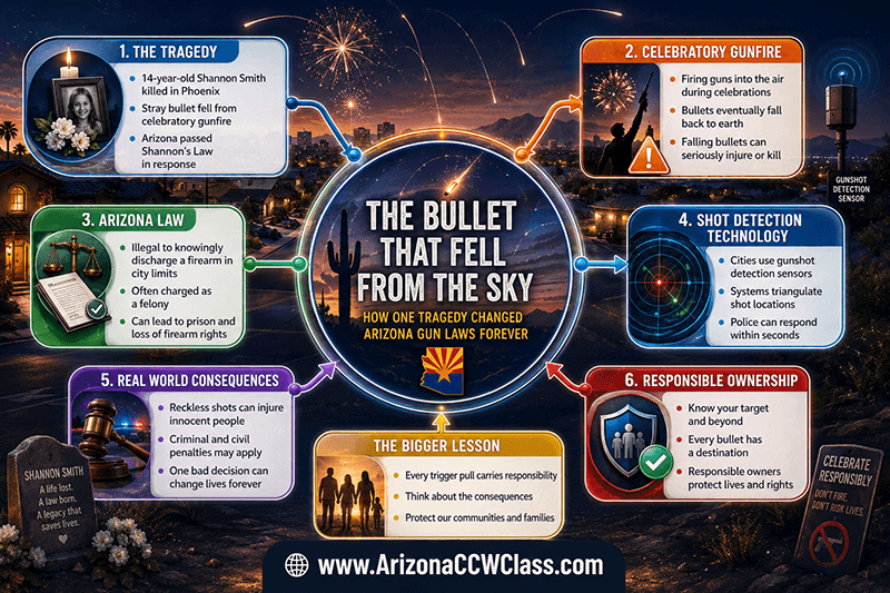 Educational infographic about Arizona Shannon’s Law history, reckless firearm discharge, gun safety education, legal consequences of celebratory gunfire, and Arizona gun law reforms.