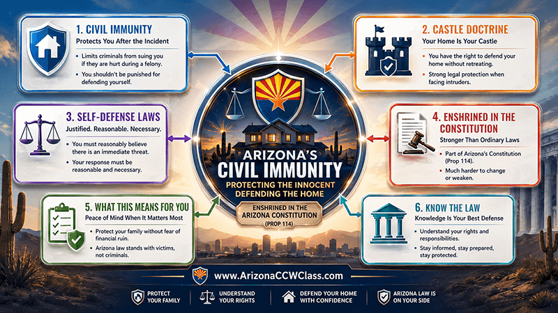 Arizona constitutional civil immunity infographic showing self-defense laws, castle doctrine rights, homeowner protections, and Arizona Constitution Proposition 114 legal protections
