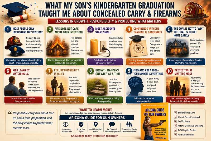 Colorful infographic explaining lessons about concealed carry, firearm responsibility, parenting, safety, judgment, and protecting family inspired by a kindergarten graduation.