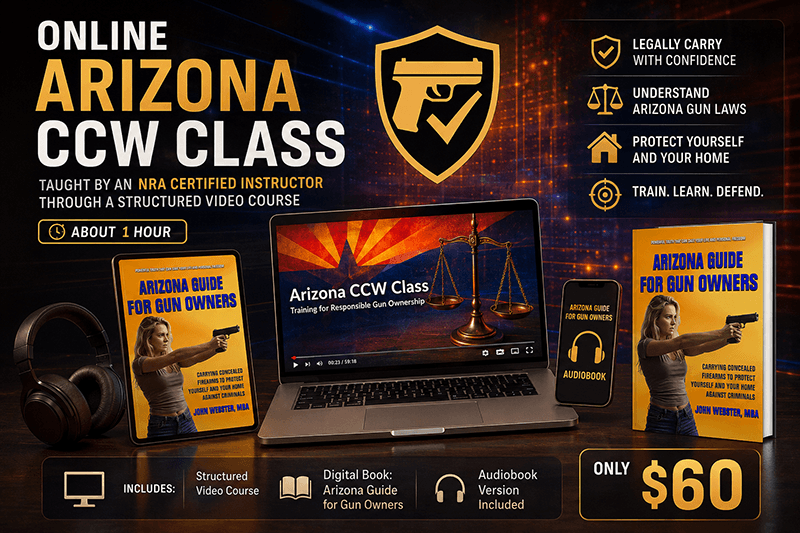 Arizona concealed carry class taught live on Zoom by NRA-certified instructor John Webster, focusing on firearm laws, legal responsibilities, and concealed carry requirements.