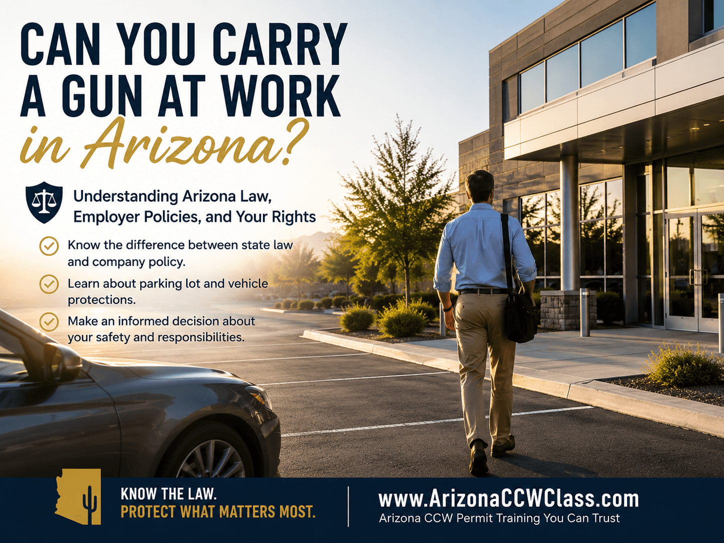 Arizona employee walking toward a modern office building while discussing Arizona workplace AZ CCW concealed carry laws