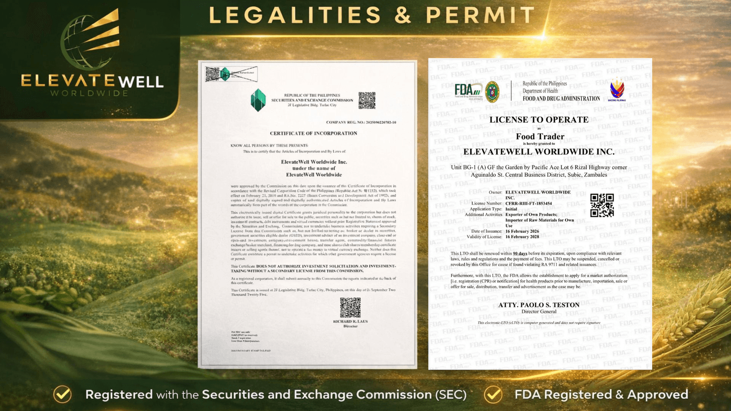 Elevate Well FDA and Legal Certificates