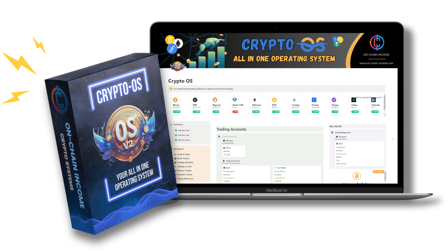 Tablet mockup showcasing the intuitive interface of the Crypto OS Notion Template, accompanied by a software box mockup featuring the iconic Crypto OS logo. This comprehensive solution empowers you to navigate the crypto landscape with confidence, equipping you with the tools and strategies necessary to master your crypto journey.