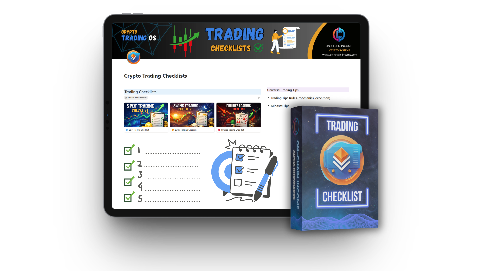 mockup of Crypto Trading Checklist that gives you a clear process to follow before every trade — covering Spot, Swing, and Futures trading.  It’s designed to help you slow down, check the essentials, and avoid emotional or rushed decisions.